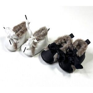 Faux Fur Trim Baby Booties in Black and White